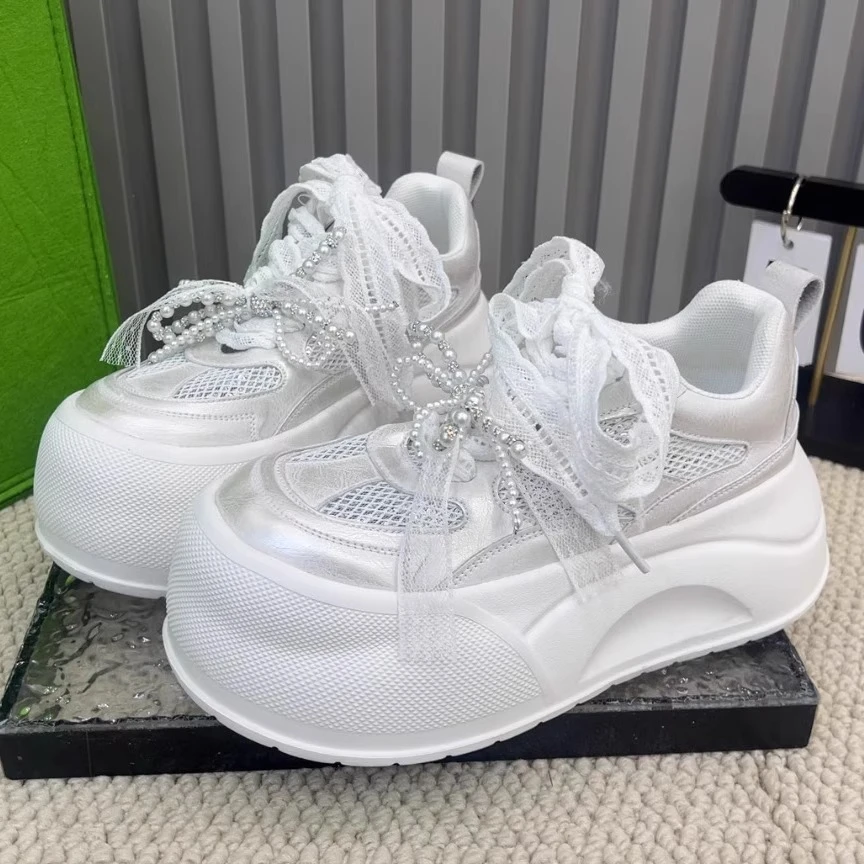 小白鞋女休闲女鞋欧货透气网大头厚底蝴蝶结珍珠运动松糕底面包鞋