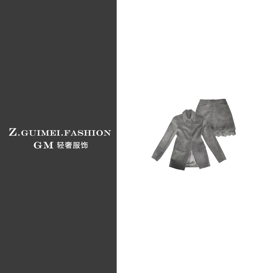 【肆姐高定】设计师款圆肩呢蕾丝边短裙套装XY2162