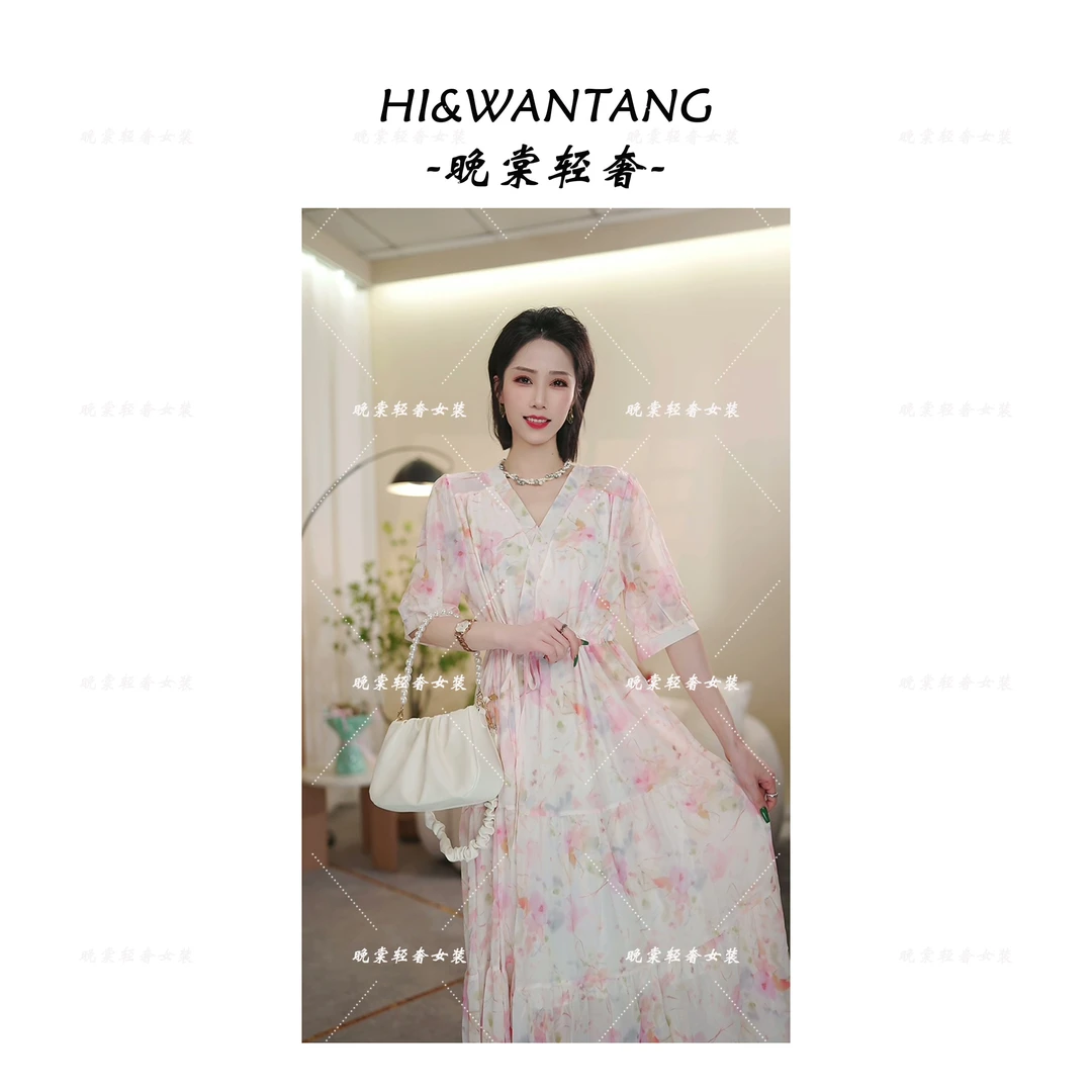 文艺仙女连衣裙法式轻奢订制V领度假木耳边收腰简约长裙重工Y057