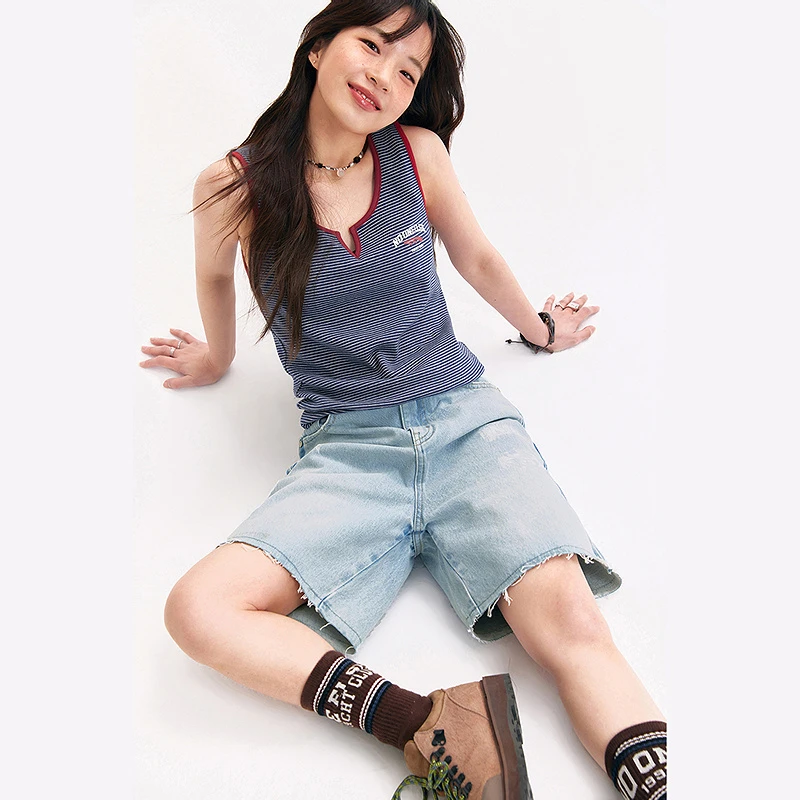 NO ONE ELSE美式复古女士字母印花吊带夏季半开领条纹工字背心