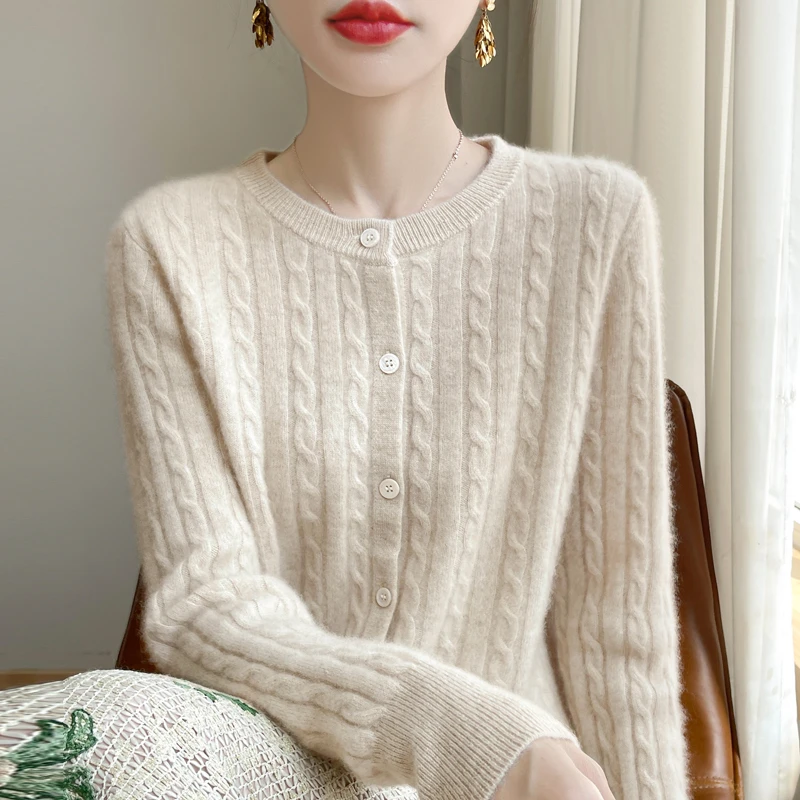 温柔减龄~100%羊毛开衫女款刺绣设计感休闲圆领时尚洋气针织衫女