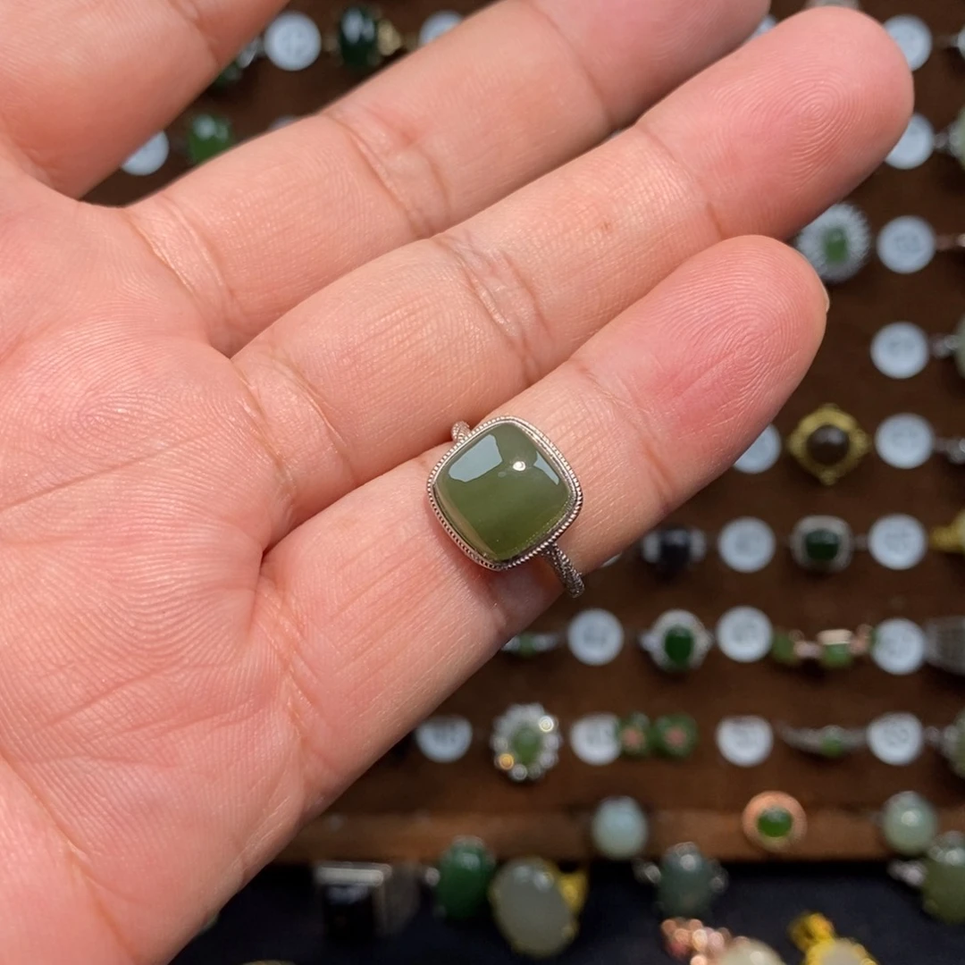 和田玉（青玉）戒指银S925镀金镶嵌