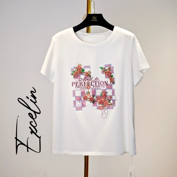 【白大N花朵刺绣短袖圆领】夏季减龄重工舒适短袖T恤女式上衣