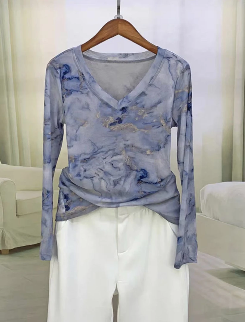 【长袖/短袖】高级网纱印花女2025春季新款气质V领修身欧货A2059