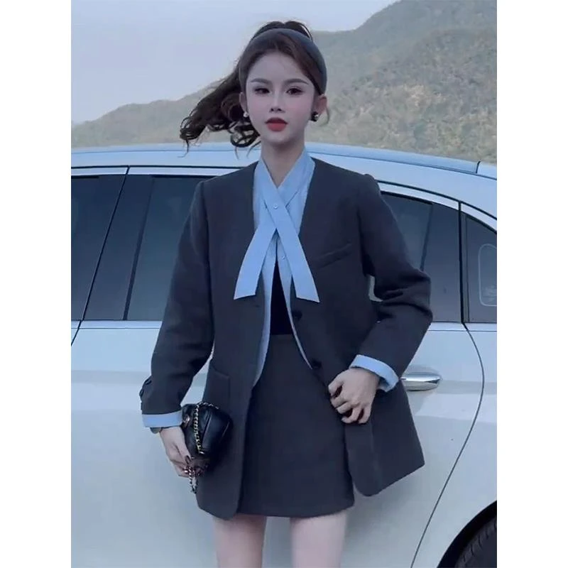 韩系搭配一整套冬装西装款假两件衬衫外套女秋冬a字半裙两件套装