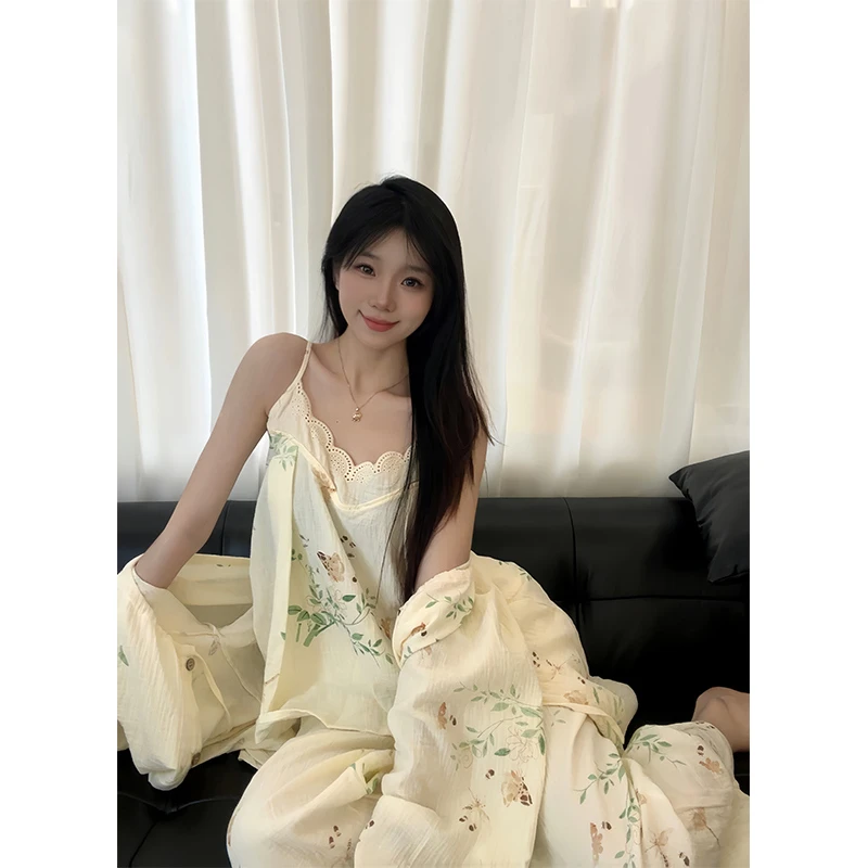 新中式小清新吊带睡衣女春秋款新款少女甜美开衫长裤家居服三件套