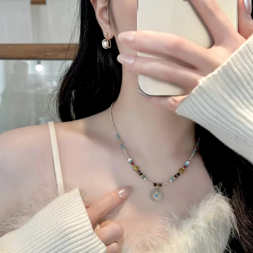 十里间【太阳花】甜美小清新贝壳花朵项链天然石串珠锁骨链