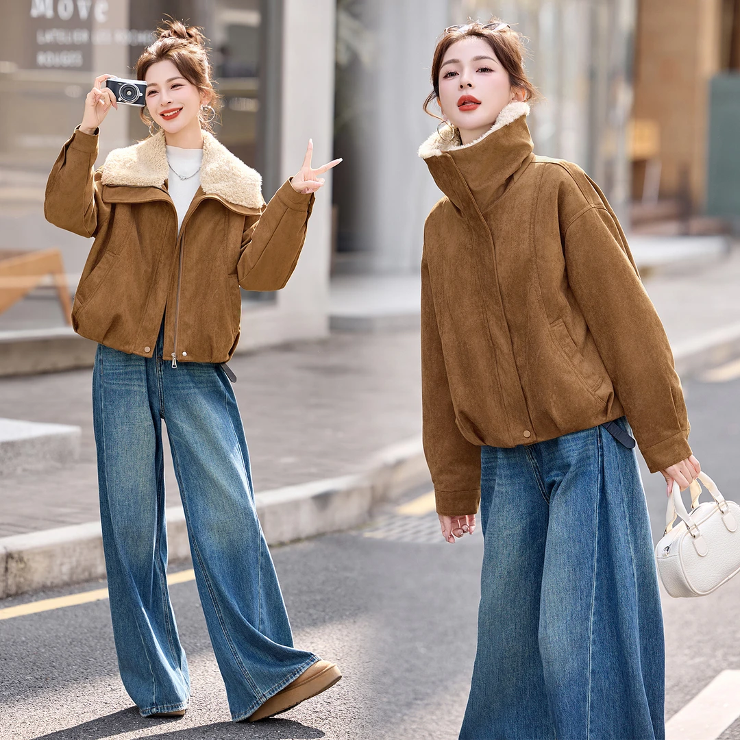 仿羊羔毛大翻领羽绒服女2025冬季新款高级感气质加厚保暖短款外套