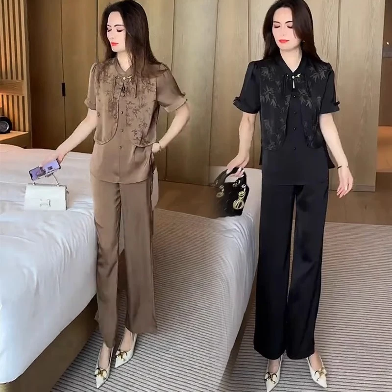 新中式时尚套装女2025夏季新款洋气显瘦短袖衬衫阔腿裤国风两件套