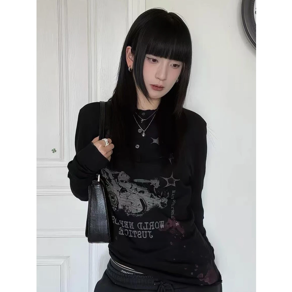 亚文化黑色长袖T恤女秋季新款美式复古小众印花亨利领内搭上衣潮