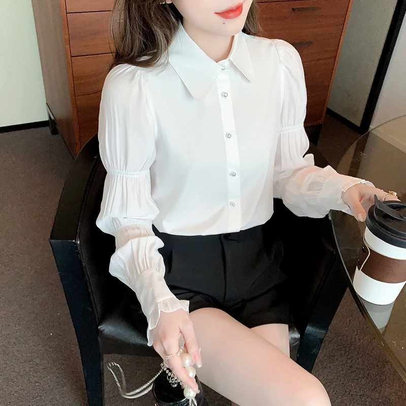 法式小众长袖纯色衬衫女2025年秋季新款设计感珍珠领泡泡袖雪纺衫