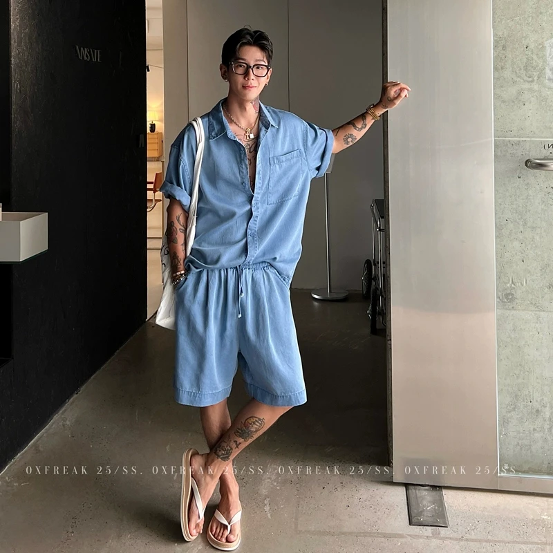 OXFREAK「丝光莱赛尔纤维」老钱休闲套装男薄款短袖衬衫夏季短裤