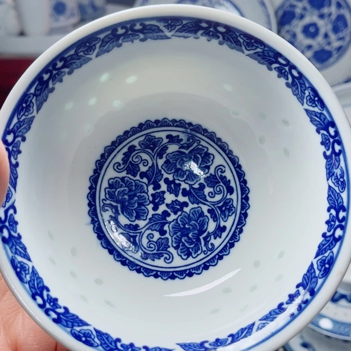 青花玲珑5寸饭碗牡丹花