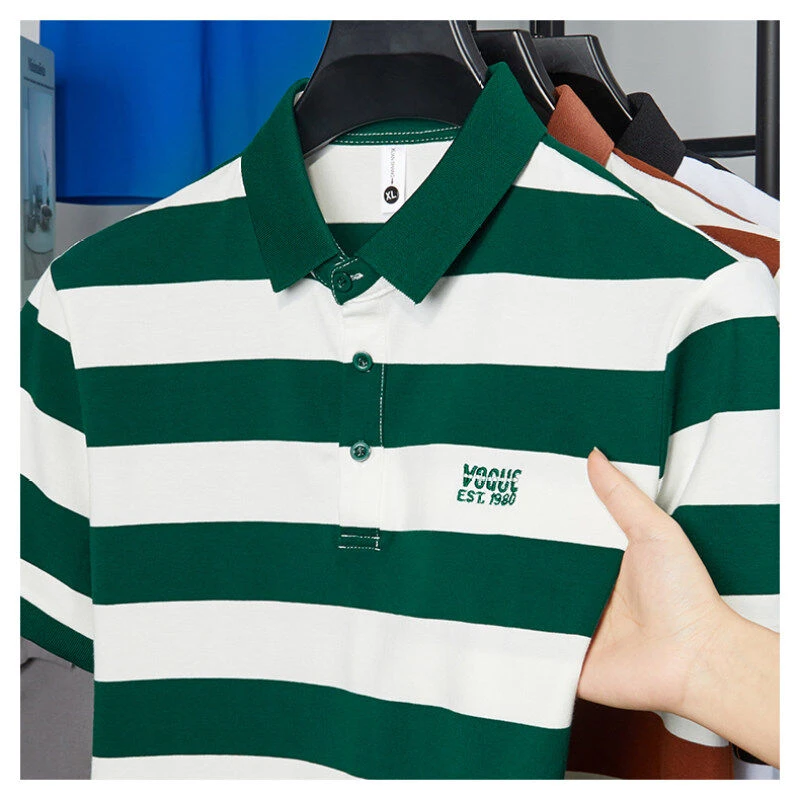2025新款条纹短袖POLO衫男修身韩版时尚潮流百搭夏季男条纹短袖