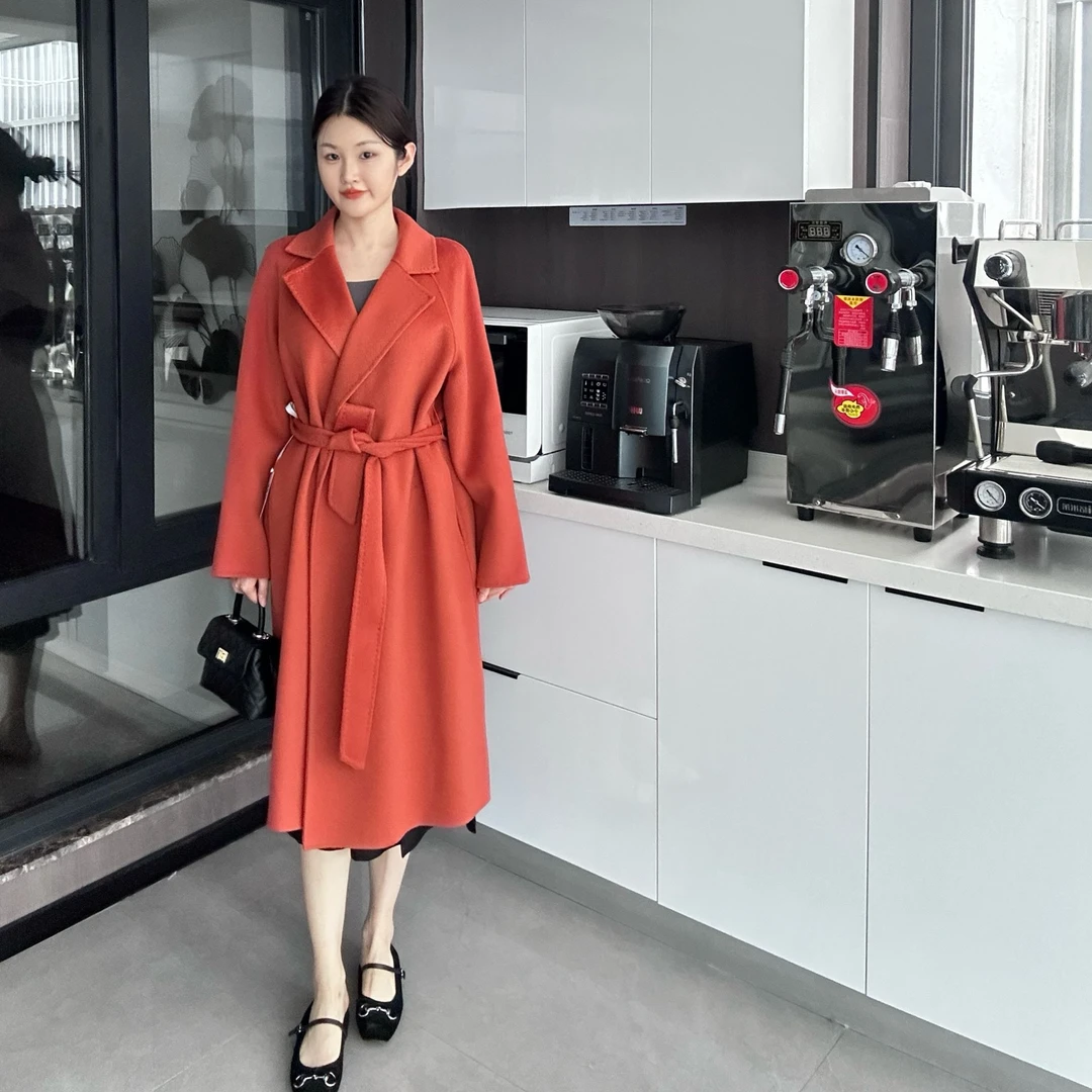 全羊毛高支精品浴袍款无扣细带廓形女生双面呢长款大衣