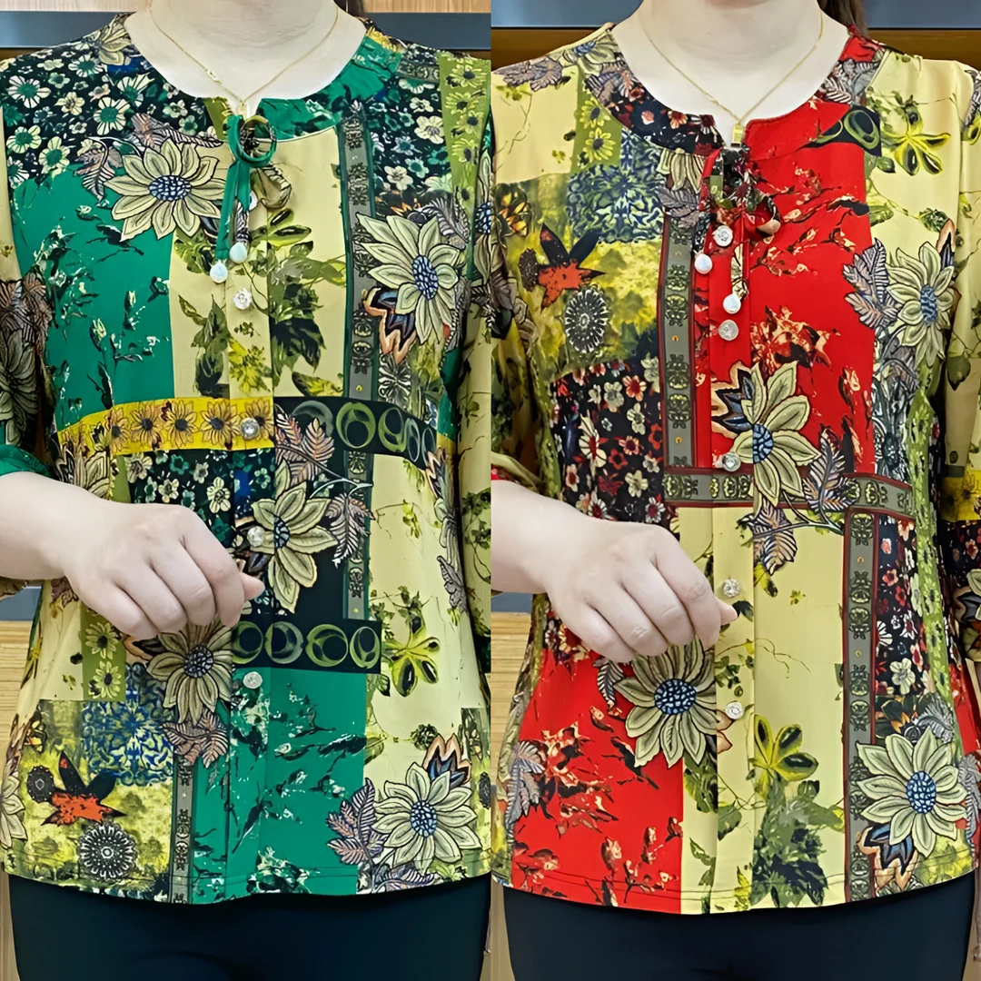 洋气时尚印花款妈妈装百搭宽松显瘦中袖上衣夏季气质碎花大码女装