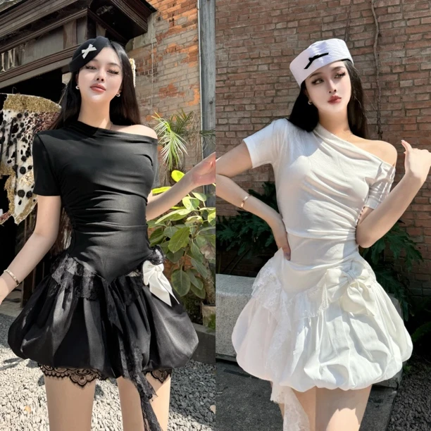 Blackgirl新款【公主殿下】夏季少女风辣妹必备斜肩蕾丝花边上衣T恤