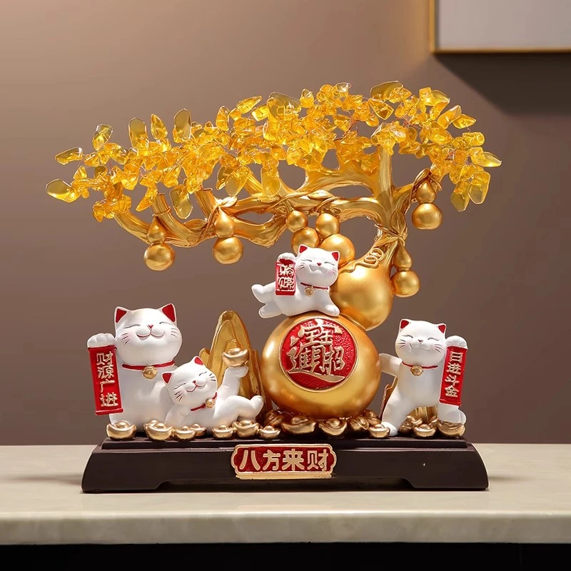新中式招财猫发财树摆件店铺前台收银台客厅装饰品开业乔迁送礼物