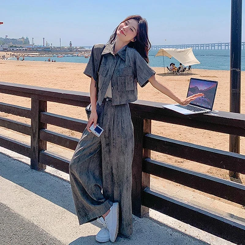 2025夏季新款复古风扎染设计感衬衫百搭休闲阔腿裤女高级感两件套