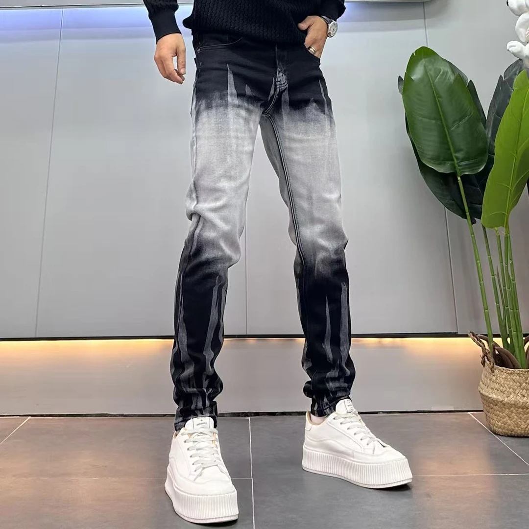 美式扎染修身牛仔裤男2025秋季新款渐变黑显高显瘦痞帅弹力长裤