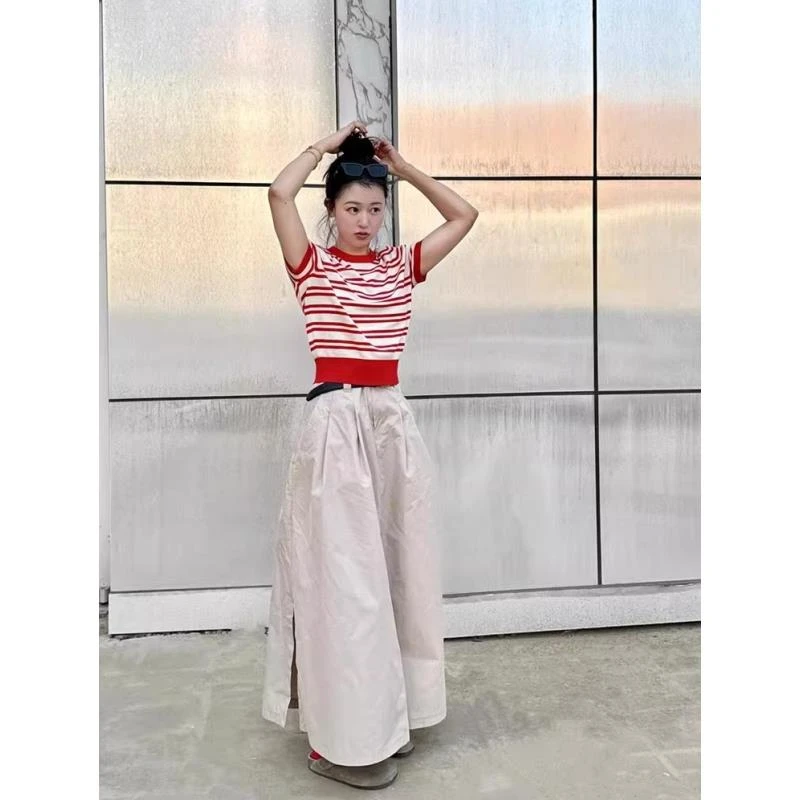 正肩条纹红色短袖针织t恤女夏季2025新款别致独特超好看短款上衣