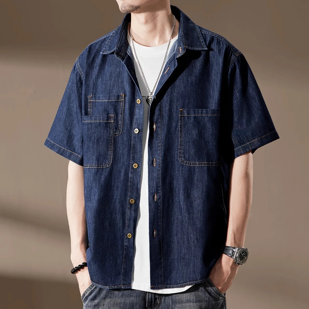 Cebrodz原色多口袋牛仔短袖衬衫男夏季日系复古宽松痞帅工装衬衣