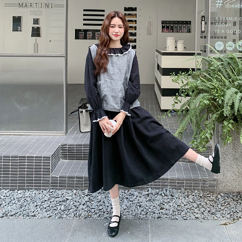 撞色拼接连衣裙套装女早秋新款韩系收腰长裙休闲灰色马甲两件套