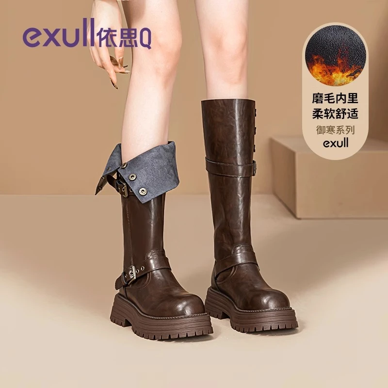 依思Q棕色长筒靴女2025新款爆款靴子女秋冬厚底高筒复古骑士长靴