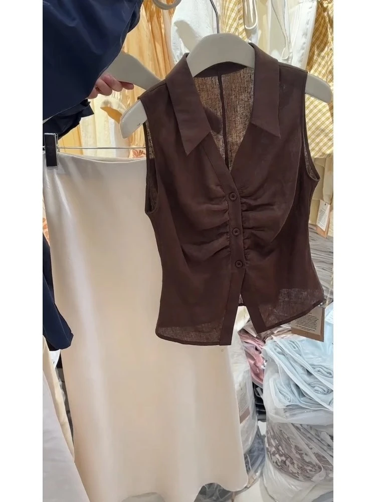 大方得体的穿搭夏气质女神范小香风焦糖色无袖衬衫老钱风百搭上衣