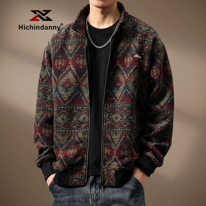 HICHIN休闲运动夹克男士春秋羊毛针织外套宽松大码重磅复古开衫