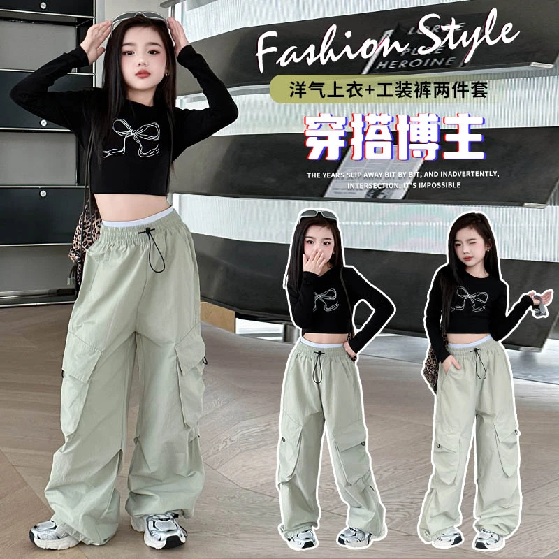 女童工装裤套装2025新款春季中大童时尚炸街小女孩两件套春秋装潮
