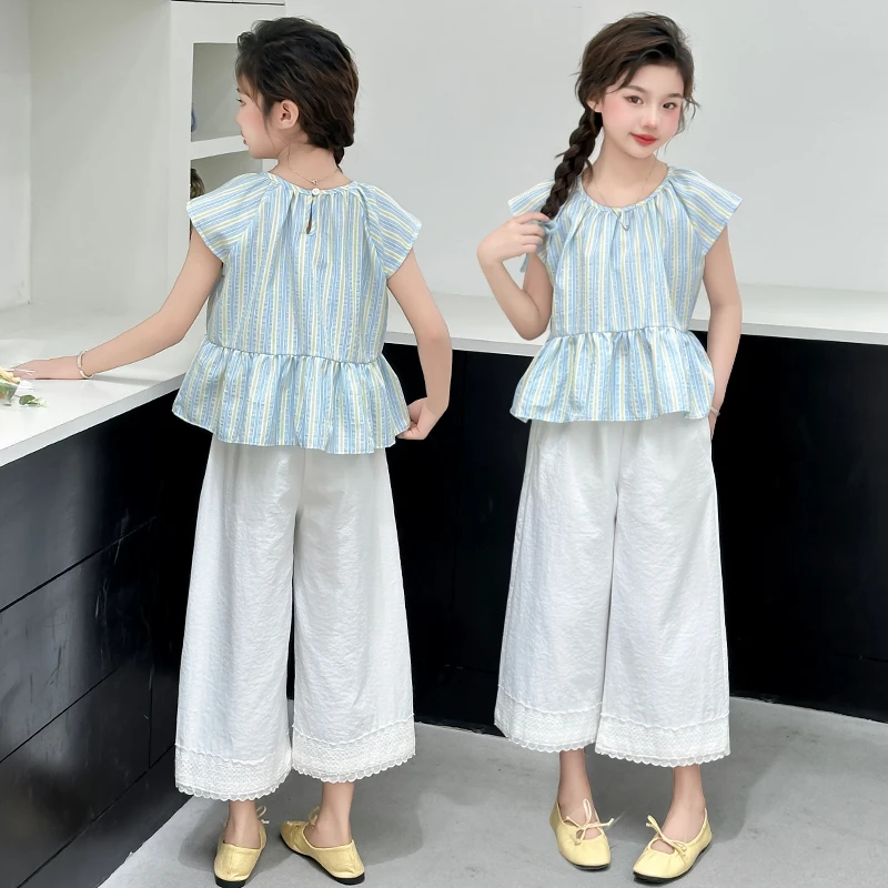 女童夏装套装2025新款条纹娃娃衫无袖上衣女大童洋气阔腿裤两件套