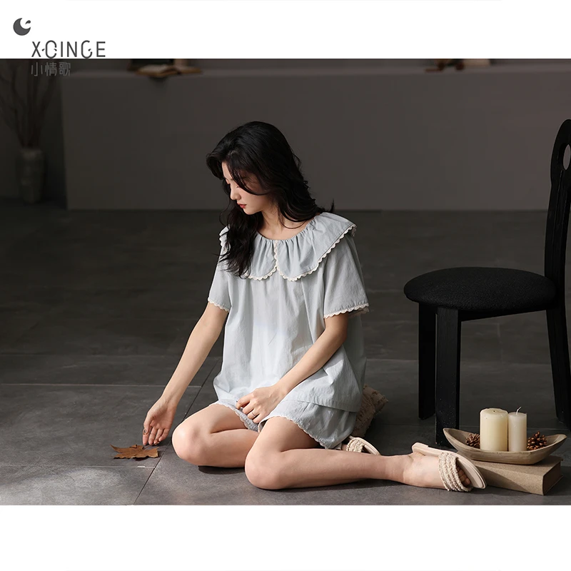 （带胸垫）梭织纯棉短袖睡衣女套装夏季清凉短裤家居服薄款棉布