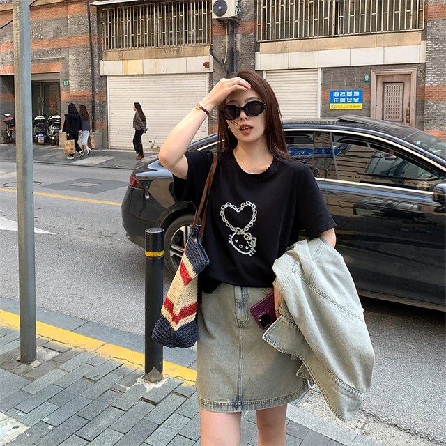 NAZ那子大码春季新款甜辣少女猫咪印花胖mm短袖休闲减龄T恤上衣