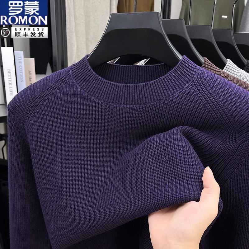 罗蒙秋冬季保暖男士纯色针织衫宽松舒适休闲中年圆领韩版毛衣男