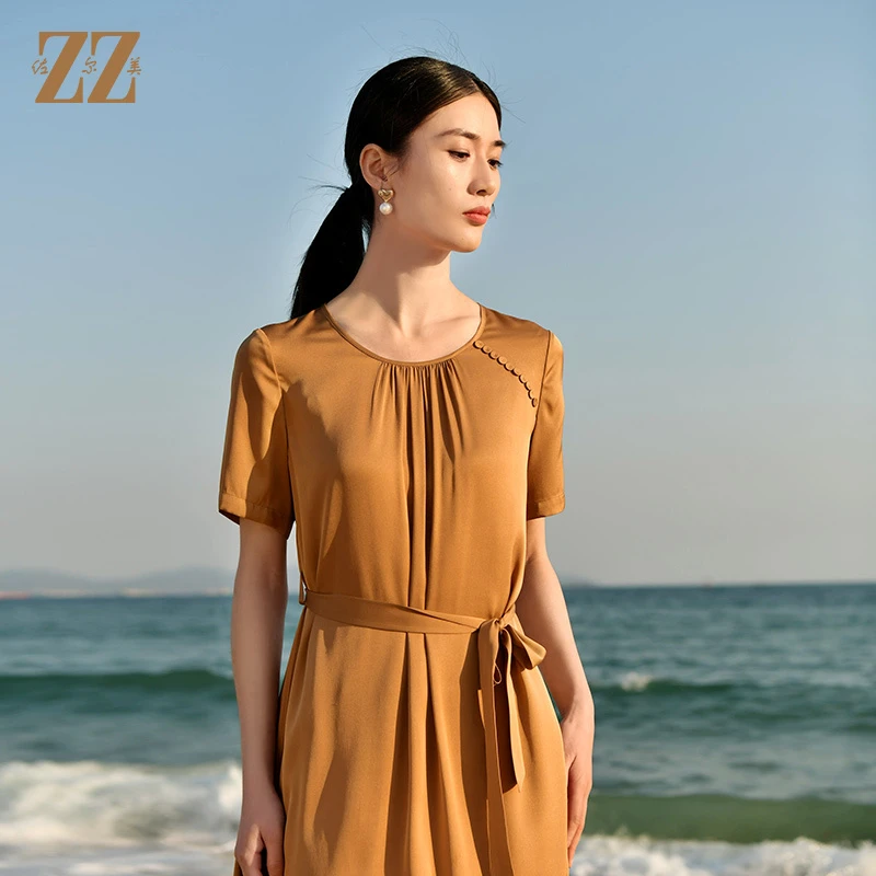 佐尔美夏季新款经典优雅系腰带桑蚕丝真丝连衣裙裙子女E32LS19