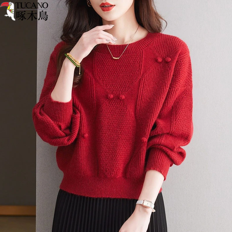 啄木鸟圆领针织衫女装秋冬新款时尚百搭宽松韩版慵懒风套头外穿