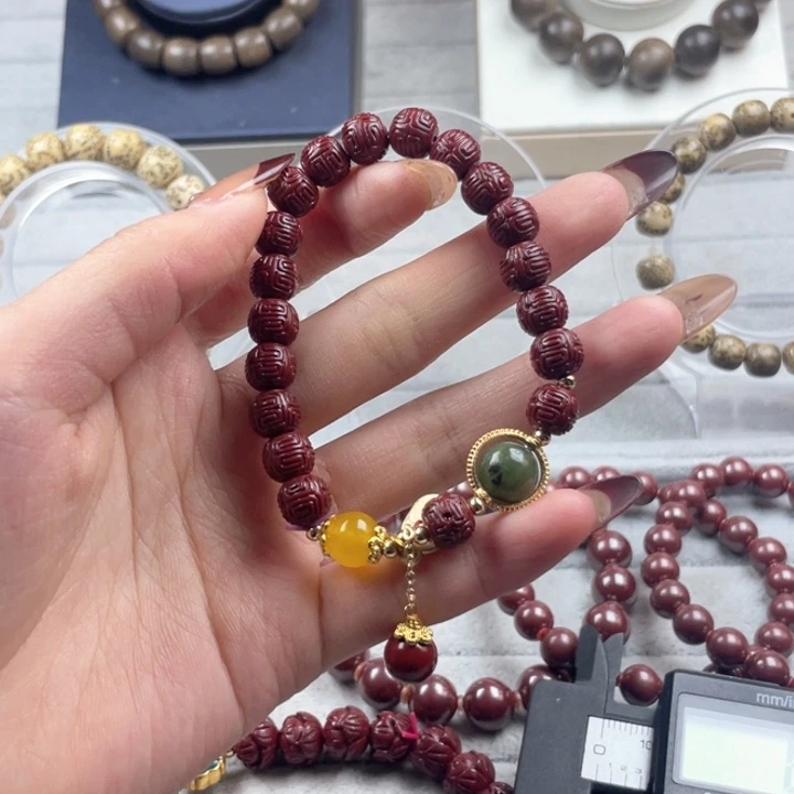 水晶珠宝半成品未镶嵌朱砂雕刻手串8mm