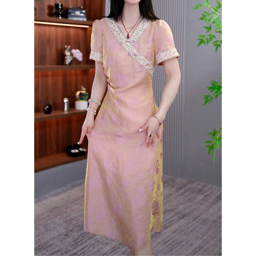 2025时尚新中式气质设计感刺绣洋气百搭洋气连衣裙M-4XL