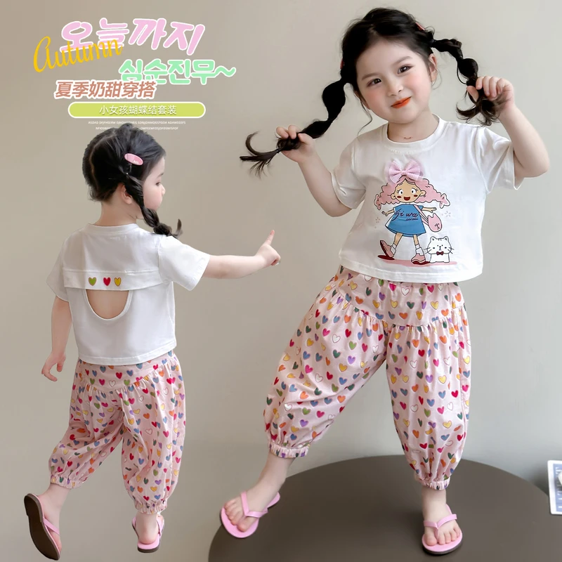女童短袖露背套装洋气儿童夏季新款女宝宝防蚊裤休闲两件套小女孩