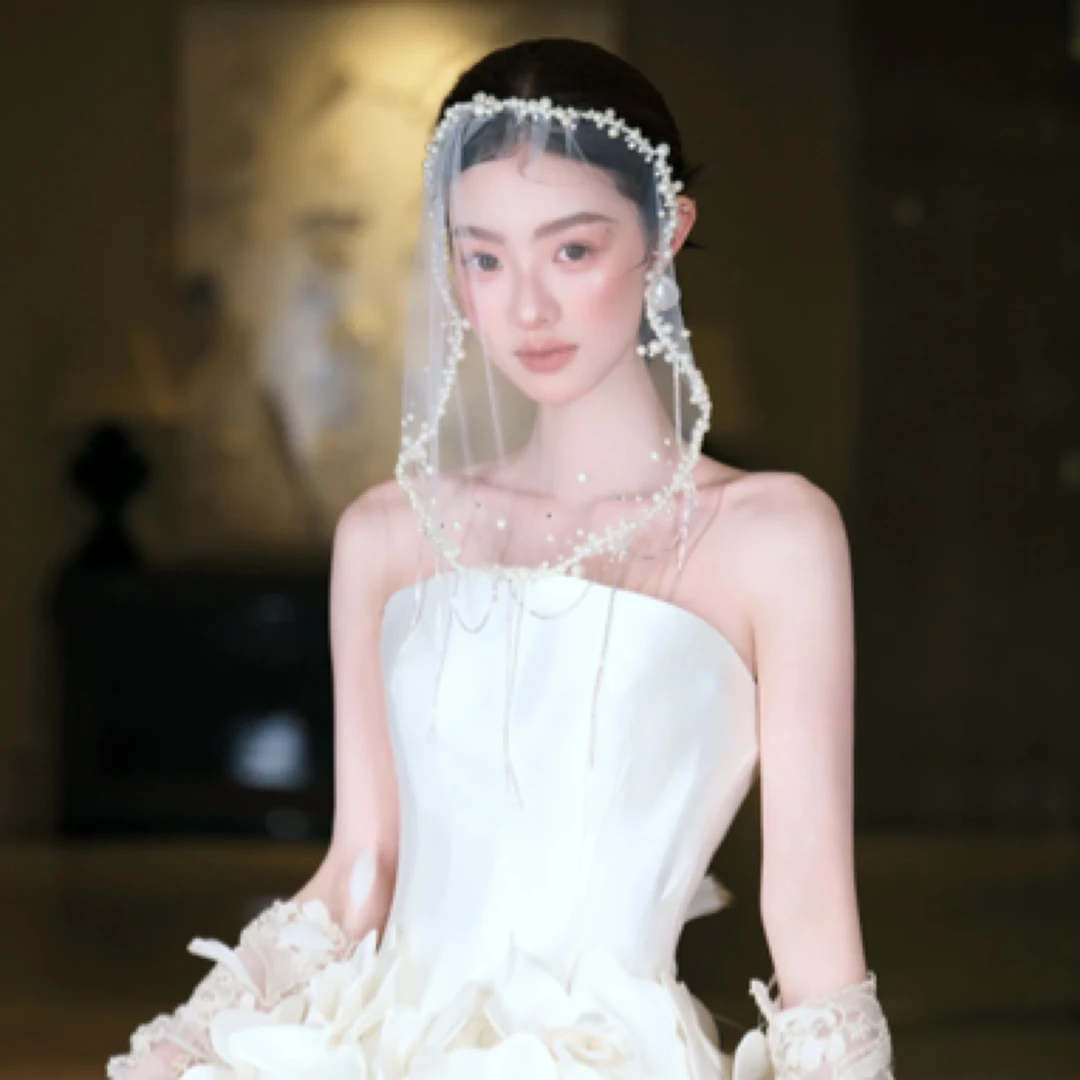 奢华高级感新娘珍珠遮面纱法式小众氛围感婚纱造型气质唯美造型纱