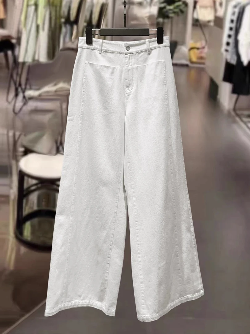 19536 女牛仔裤分割紧腰阔腿裤直筒裤裤子时尚高腰磨破