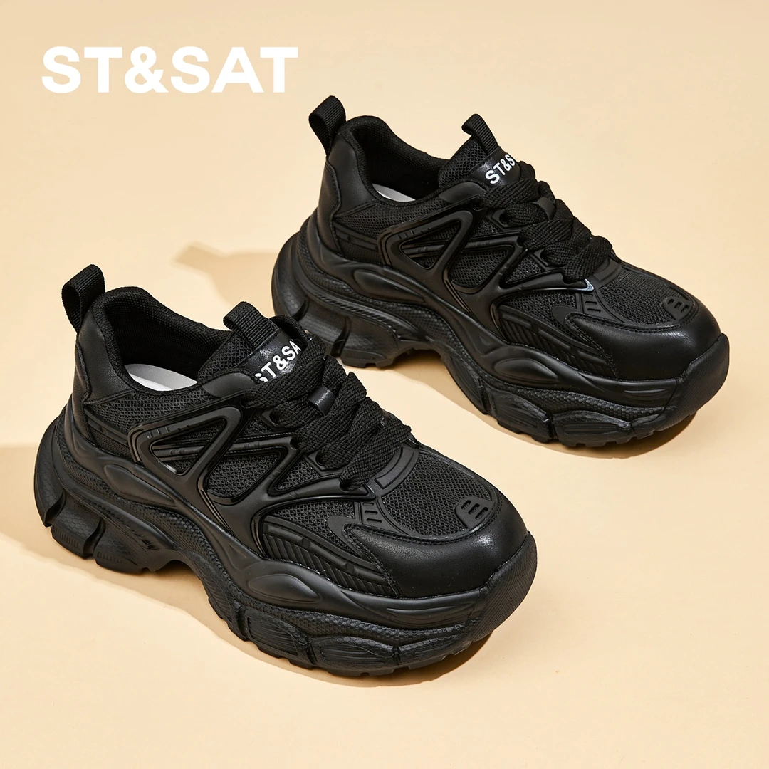 星期六网面透气老爹鞋女鞋厚底增高圆头系带运动鞋百搭轻便松糕鞋