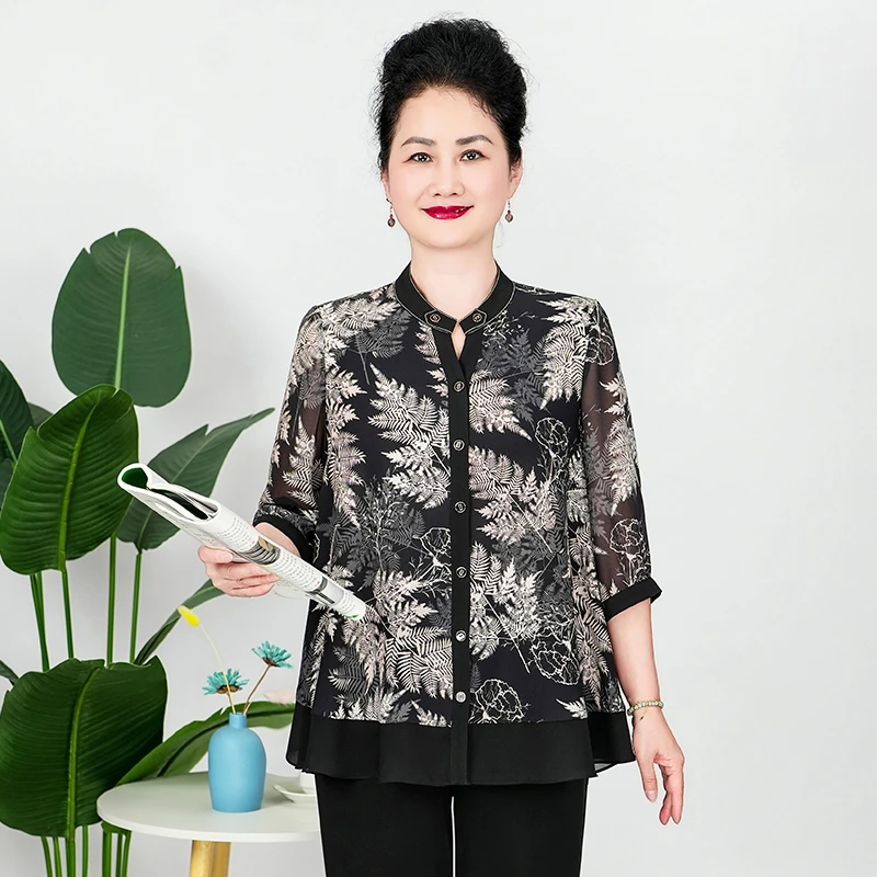 华太太中老年女装气质洋气妈妈衬衫夏装中袖雪纺小衫上衣BB25828