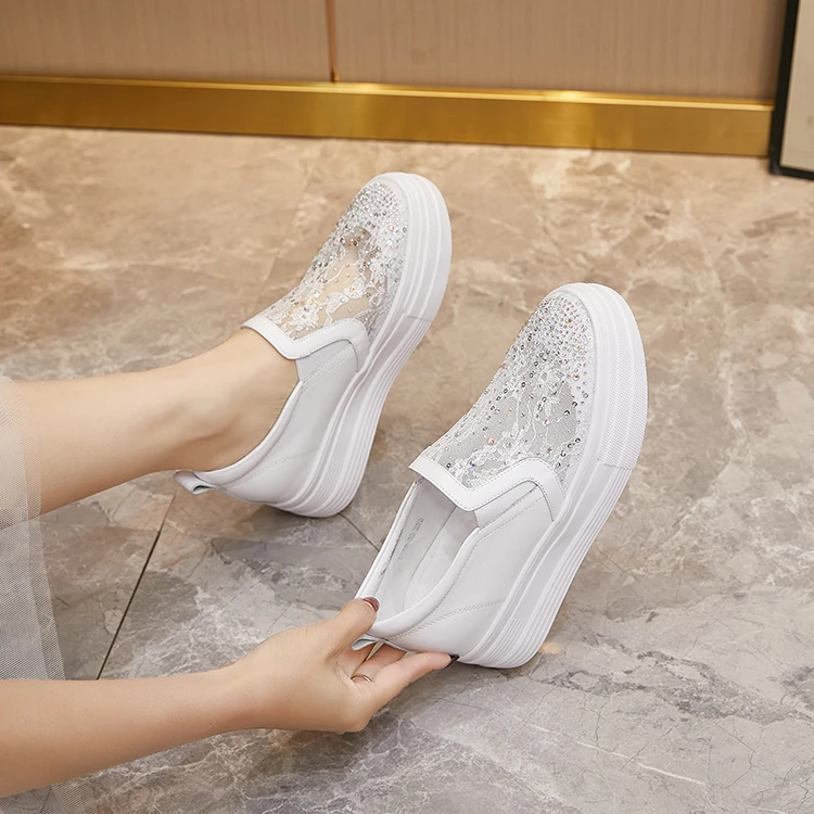 亮片水钻网纱内增高单鞋2025夏季新款透气时尚休闲鞋松糕底小白鞋