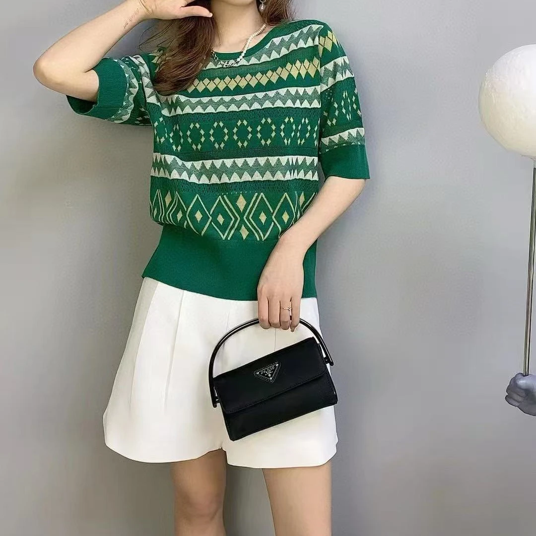 薄款夏季镂空气质显瘦毛针织衫条纹短袖提花圆领女套头