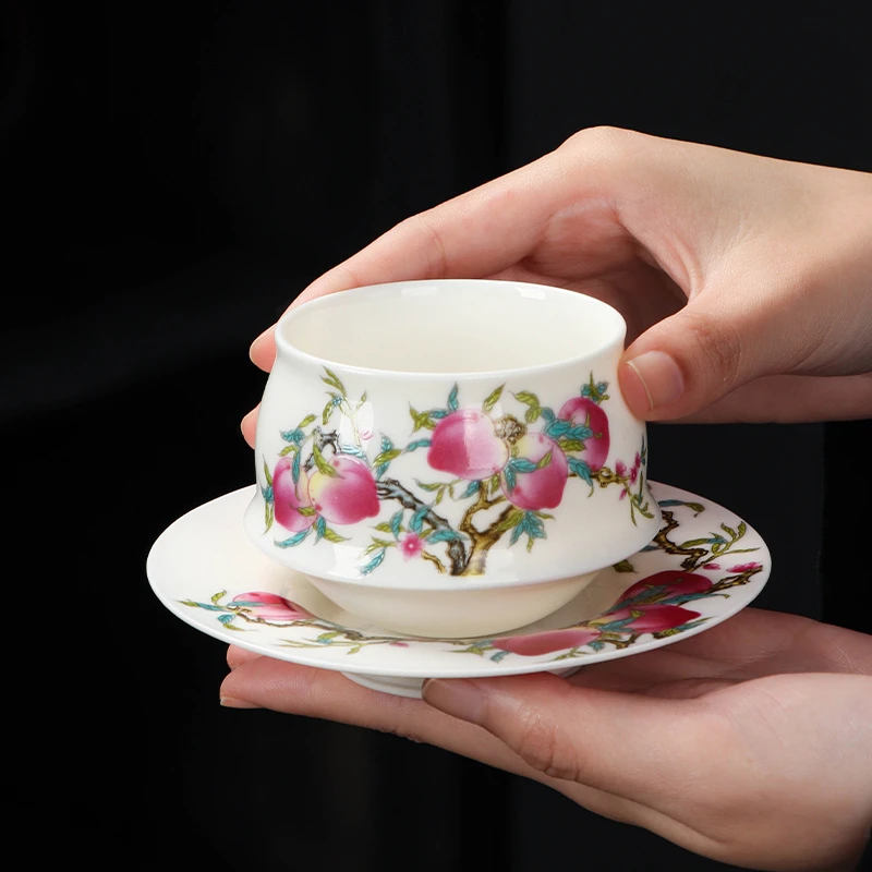 新款羊脂玉瓷九桃转转杯功夫茶具品茗杯不倒杯精致家用白瓷泡茶杯