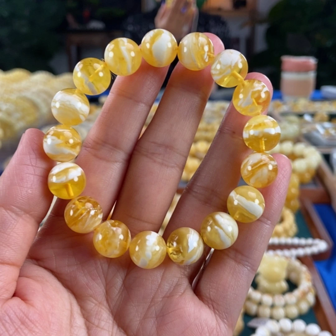琥珀未镶嵌珠宝奇石12金瓷白虎皮圆珠16.9