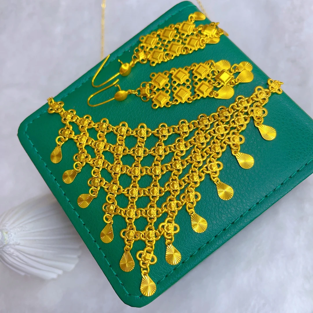 铜合金项链 耳钩首饰时尚长款铜合金两件套项链配饰金色饰品0009