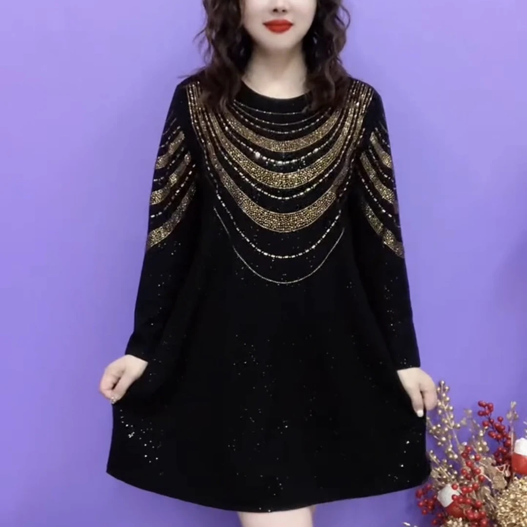 长袖开叉满天星休闲减龄连衣裙冬季加绒保暖中年妈妈款